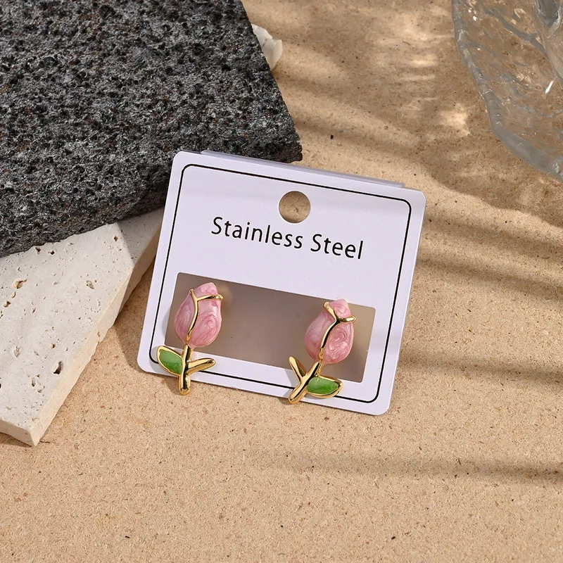 Enamel rose earrings
