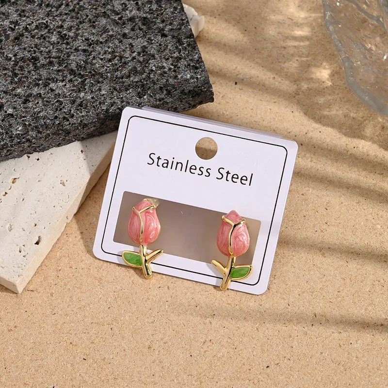 Enamel rose earrings