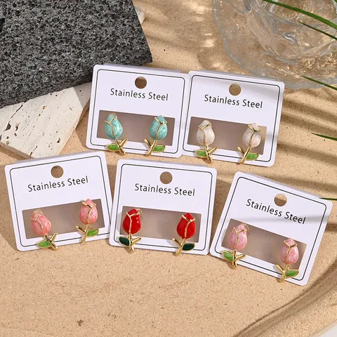 Enamel rose earrings