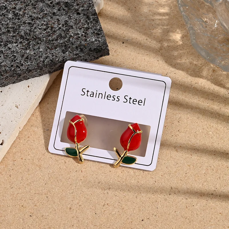Enamel rose earrings